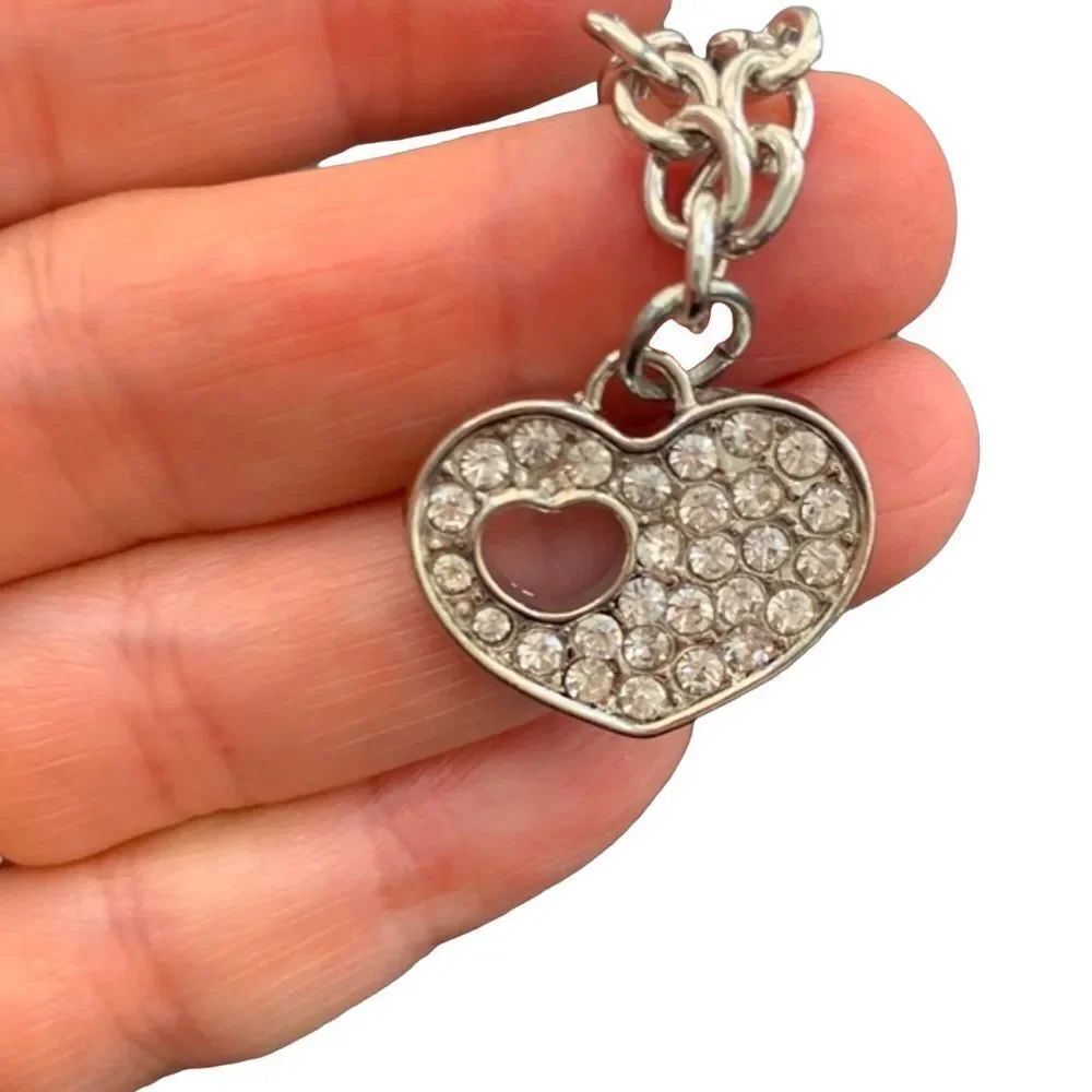 Heart Charm Bracelet with Swarovski Crystals in Silver Tone Rhodium Plate